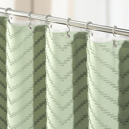 Dynamene Stall Shower Curtain and Liner Set - 60 x 84 inch Long Boho Shower Curtain and Waterproof Clear Liner, Tufted Chevron Striped Tassel Shower Curtains for Bathroom, 10 Hooks, 60x84, Sage Green