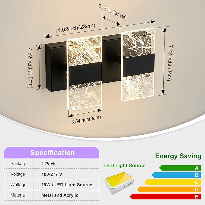 Matte Black Modern LED Bathroom 2-Light Vanity Light Over Mirror | 5CCT Adjustable Lighting, Smoked Acrylic LED Vanity Lights, Wall Sconces for Bathroom, Dimmable 6000K