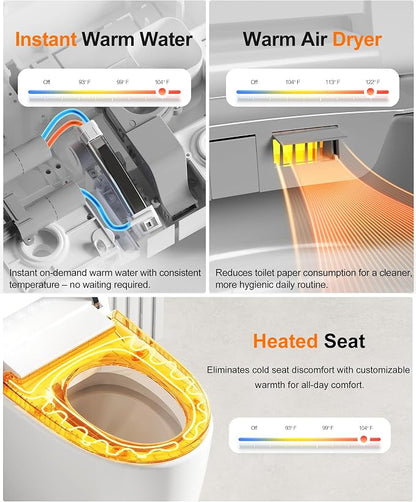 Smart Toilet with Bidet Built In, Auto Flush, ADA Comfort Height | Built-in tank supports 1000g MaP and outage flushing; Foam Shield, auto lid, heated seat, instant warm wash/dry add comfort.
