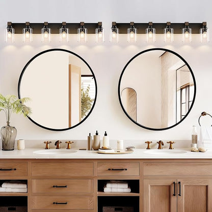 Farmhouse Black 6-Light Bathroom Vanity Light, Square Glass Shade | Vintage Rustic Design, Wood Grain Finish, Matte Black Metal, Wall Mount Over Mirror Lighting Fixtures for Bathroom Restroom