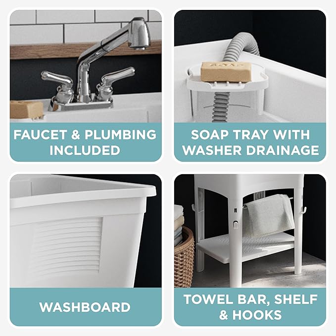 Zenna Home Utility Sink Laundry Tub with Pull-Out Faucet, All-in-One Freestanding Utility Tub for Laundry Room, Basement, Garage, Outdoor Kitchen, 24" L x 24" W x 36.75" H, White