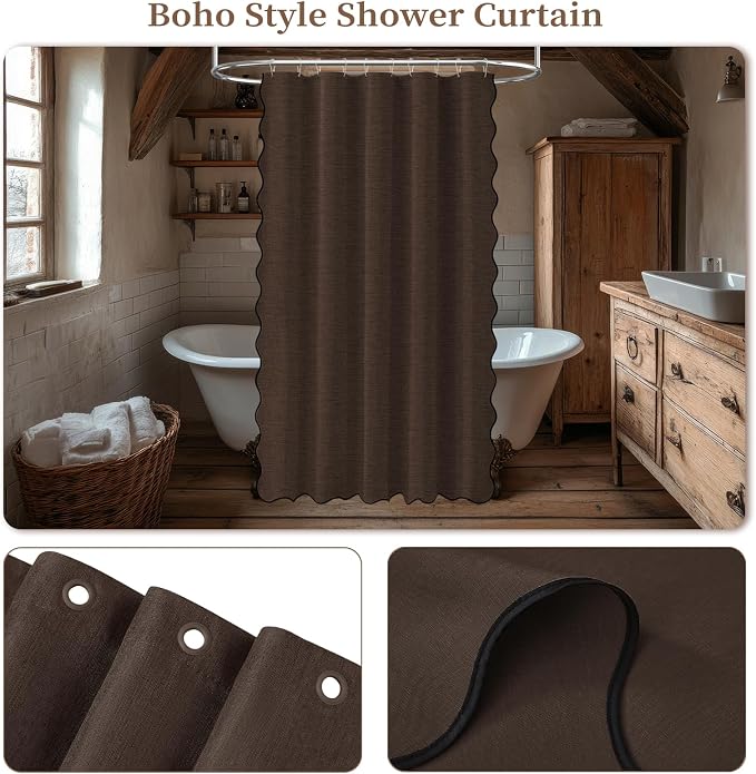 BTTN Boho Scalloped Linen Textured Cloth Shower Curtain Set, 60x84, Brown | Narrow Long Size, 230GSM Waterproof Polyester, Heavy Duty Fabric, 10 Plastic Hooks, Modern Farmhouse Style, Machine Washable