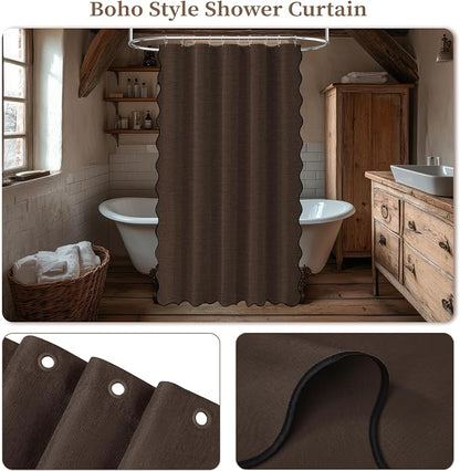 BTTN Boho Scalloped Linen Textured Cloth Shower Curtain Set, 60x84, Brown | Narrow Long Size, 230GSM Waterproof Polyester, Heavy Duty Fabric, 10 Plastic Hooks, Modern Farmhouse Style, Machine Washable