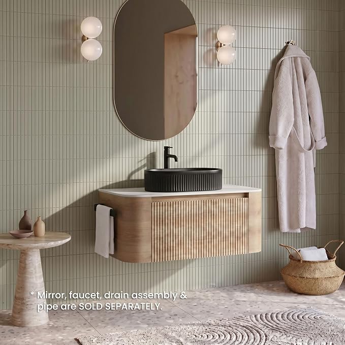 36" Preassembled Floating Bathroom Vanity with Black Sink, Oak | Mid-Century Modern Style, Fluted & Soft-Close Drawer with U-shaped Wall, Sinterted Stone Countertop, Towel Rack Included