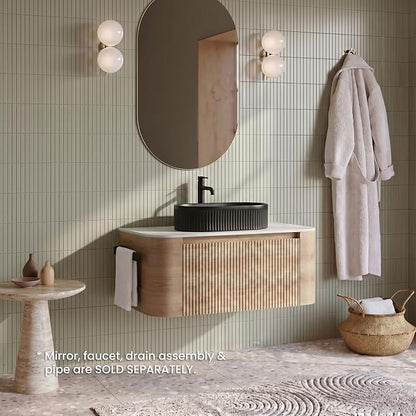 36" Preassembled Floating Bathroom Vanity with Black Sink, Oak | Mid-Century Modern Style, Fluted & Soft-Close Drawer with U-shaped Wall, Sinterted Stone Countertop, Towel Rack Included