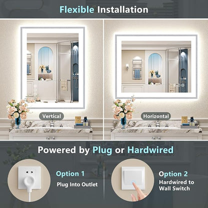 24x36 Inch Brushed Nickel LED Bathroom Mirror, Backlit & Front Lit | Silver Framed Anti-Fog Lighted Vanity Mirror with Lights, 3 Color Dimmable, Memory, HD Tempered Glass, CRI95, IP54, UL Listed