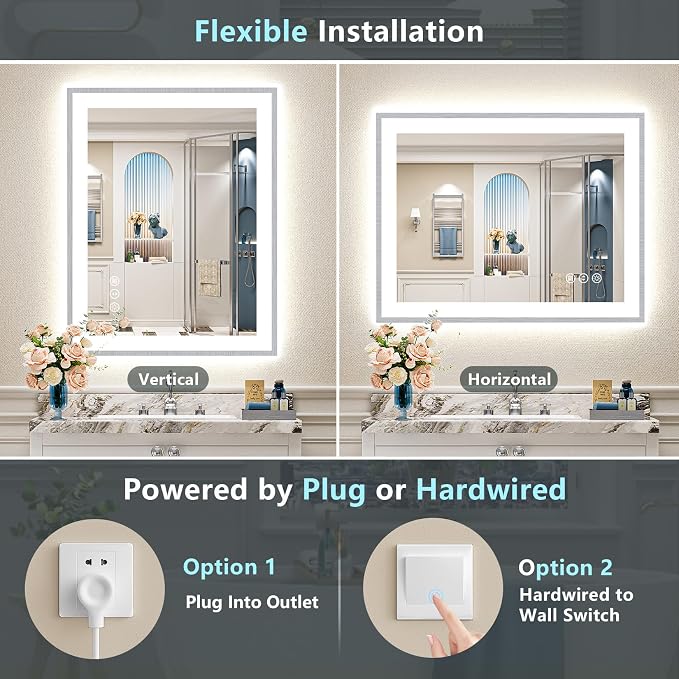 32x36 Inch Brushed Nickel LED Bathroom Mirror, Backlit & Front Lit | Silver Framed Anti-Fog Lighted Vanity Mirror with Lights, 3 Color Dimmable, Memory, HD Tempered Glass, CRI95, IP54, UL Listed