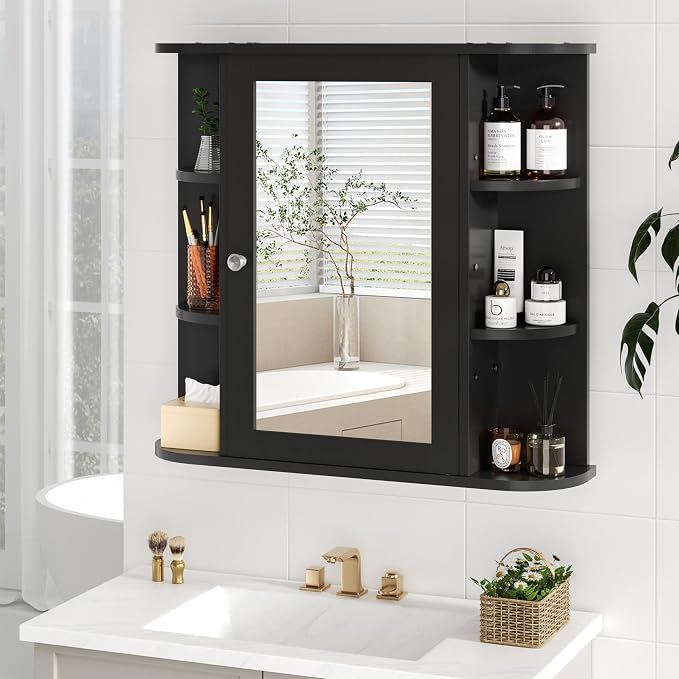 DL-win Bathroom Medicine Cabinet with Mirror, Wall Mounted Home Storage with Door, Over The Toilet Space Saver Storage Cabinet, Bathroom Cabinet Wall Mounted, Black