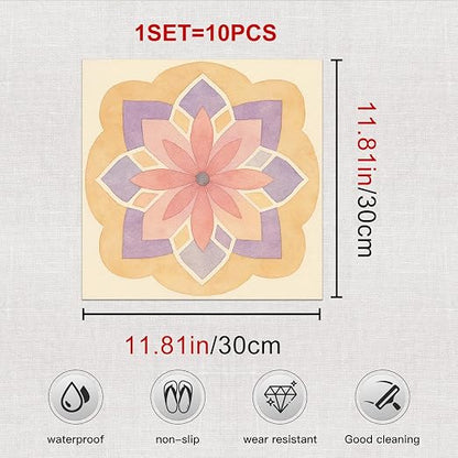 Pastel Mandala Flower Peel and Stick Floor Tiles 12x12 Inch 10PCS | Spring watercolor pastel mandala flower pattern vinyl floor stickers for kitchen bathroom entryway and indoor home decor
