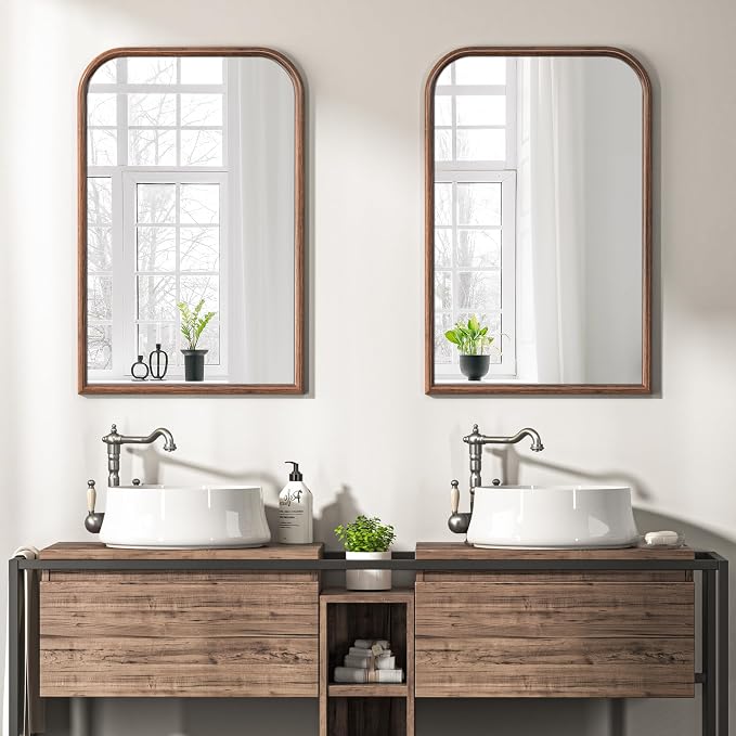 24"x36" Arch Wall Mirror for Wall, Wall Mounted Vanity Mirror for Bedroom, Wood Grain Finish Frame Mirror with Tempered Glass, Vintage Decorative for Bathroom, Entryway, Living Room, Walnut