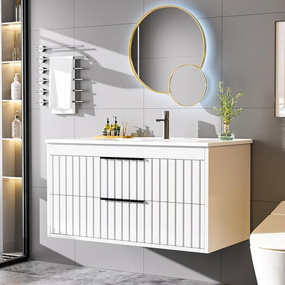 36" Bathroom Vanity with Sink, Floating Vanity Bathroom Sink Cabinet Wall Mount, Soft-Close Function 2 Large Drawers, Grooved Stripe Design, Hidden Damping Drawers, White