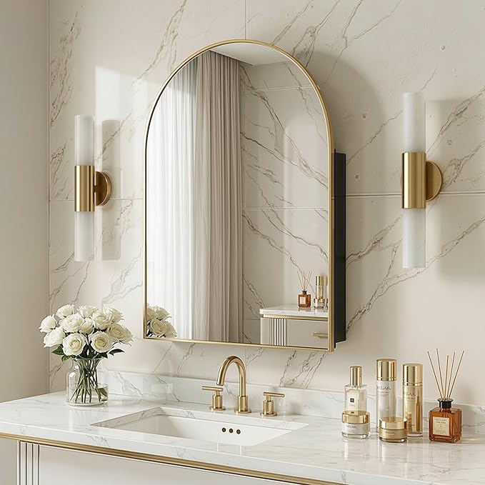 Casaphoria 39" H x 30" W Arched Bathroom Medicine Cabinet with Mirror, Metal Frame Wall Medicine Cabinets Mirrors, Wall Mirror Cabinet, Gold A