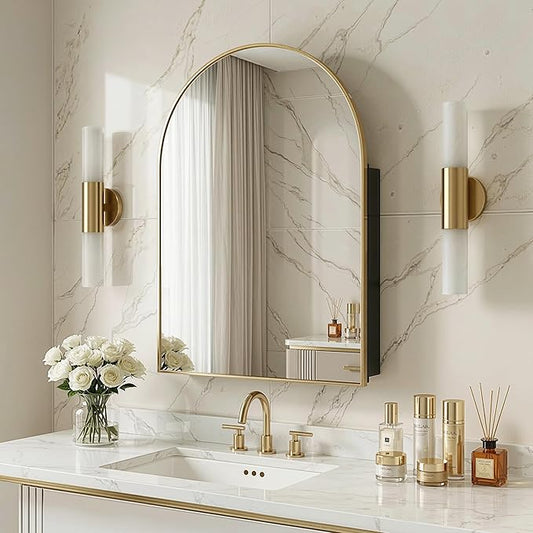Casaphoria 39" H x 30" W Arched Bathroom Medicine Cabinet with Mirror, Metal Frame Wall Medicine Cabinets Mirrors, Wall Mirror Cabinet, Gold A