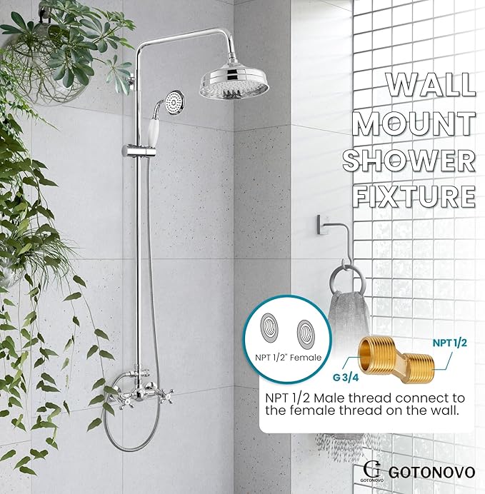 gotonovo Luxury Exposed Shower Faucet Set Bathroom Shower System 8 Inch Wall Mount Rainfall Shower Head with Handheld Spray Cross Double Handle Shower Fixture Adjustable Straight Rod Polish Chrome