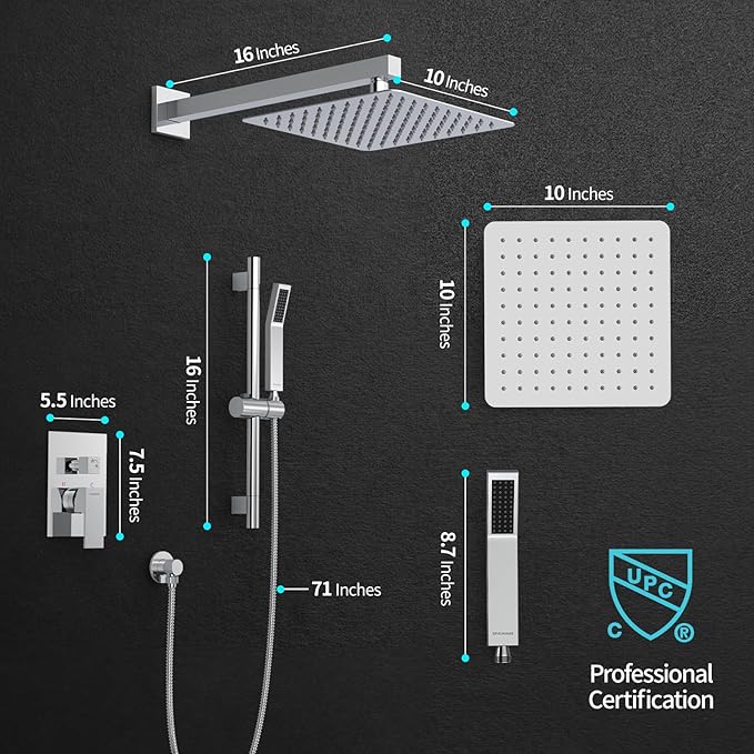 SR SUN RISE 10 Inch Square Shower Faucet, Adjustable 16-Inch Slide Bar Hand Held Shower with Hose, Square Rain Shower Head and Handheld Spray Included Valve and Shower Trim Kit, Polished Chrome
