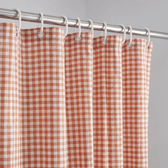 HunnmingRe Ruffle Hem Gingham Shower Curtain, Orange Farmhouse | Waterproof Fabric for Bathroom, Machine Washable, Standard Size Fits Most Tubs, Farmhouse Cottage Style Decor
