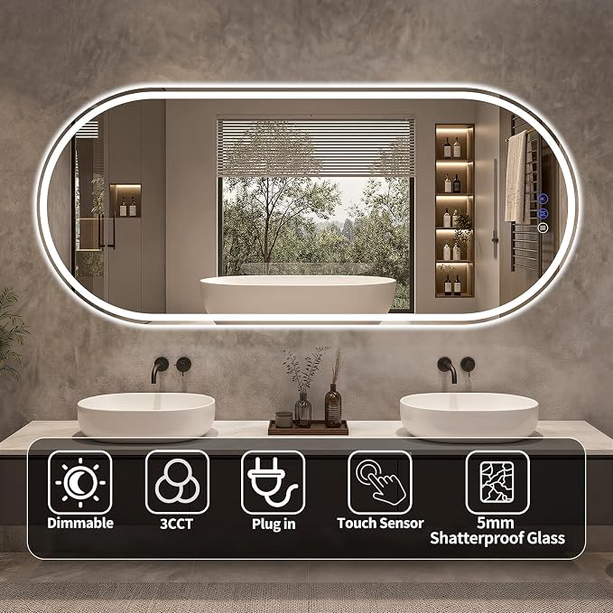 Oval LED Bathroom Mirror, 20"x 48" Frameless Lighted Mirror | LED Mirror with Front Light & Backlit, Anti-Fog, Dimmable Wall Mounted Lighted Mirror, Pill-Shaped Smart Bathroom Mirror