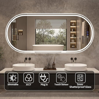 Oval LED Bathroom Mirror, 20"x 48" Frameless Lighted Mirror | LED Mirror with Front Light & Backlit, Anti-Fog, Dimmable Wall Mounted Lighted Mirror, Pill-Shaped Smart Bathroom Mirror