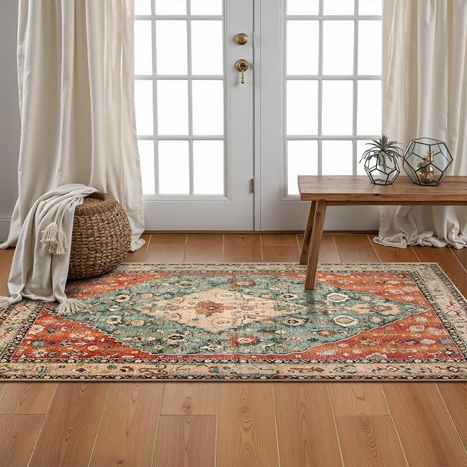 Lahome Boho Tribal 2x4.3 Washable Rug Runners for Hallways Non Slip, Kitchen Bathroom Entryway Carpet Runner, Bohemian Faux Wool Low-Pile Throw Doormat for Laundry Entrance (Rust/Dull Teal,2x4.3ft)