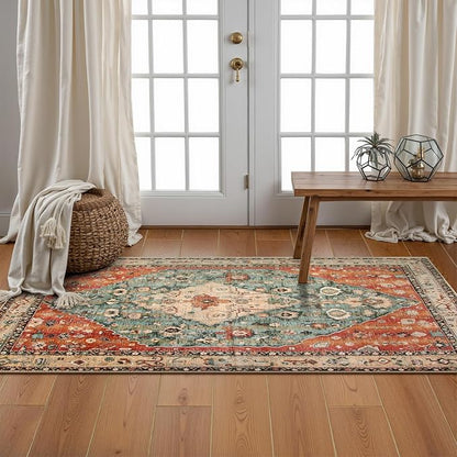 Lahome Boho Tribal 2x4.3 Washable Rug Runners for Hallways Non Slip, Kitchen Bathroom Entryway Carpet Runner, Bohemian Faux Wool Low-Pile Throw Doormat for Laundry Entrance (Rust/Dull Teal,2x4.3ft)
