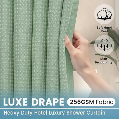 EUTXL Heavyweight No Hook Shower Curtain with Liner, Sage Green,71x86 | Snap in Liner, 256GSM Thick Waffle Fabric, Hotel Luxury Spa, Corner Magnets, Quick Dry, Waterproof & Washable, Extra Long
