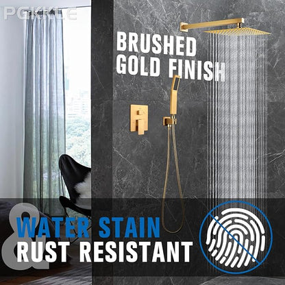 Rainfall Shower System - Wall Mounted Complete Combo with Solid Brass Pressure Balancing Valve, High Pressure Shower Head, Handle Set & Installation Accessories Brushed Gold 10"+Handheld Spray