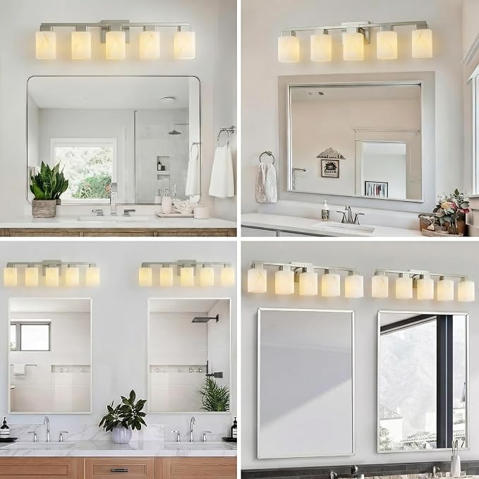 5-Light Square Bathroom Light Fixture, Brushed Nickel Modern Vanity Light with White Marble Glass Shade, for Bathroom Mirror, Living Room, Bedroom, Hallway, E26 Base