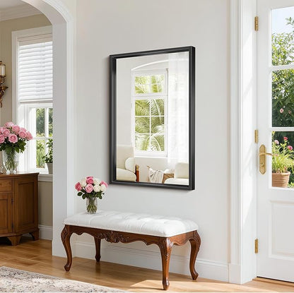 Black Framed Mirror 24"x40", Brushed Black Bathroom Mirrors for Over Sink, 0.6" Thickened Deep Frame Rectangle Mirrors for Wall, Shatterproof Tempered Glass, Antirust, Horizontally/Vertically