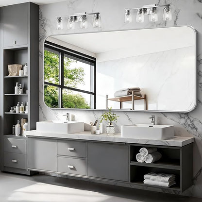 Silver Bathroom Mirror, 72 x 36 Inch Large Rectangle Mirror, Rectangular Vanity Mirror Aluminum Metal Frame, Rounded Corner Wall Mirror for Living Room Bedroom Entryway Horizontal/Vertical