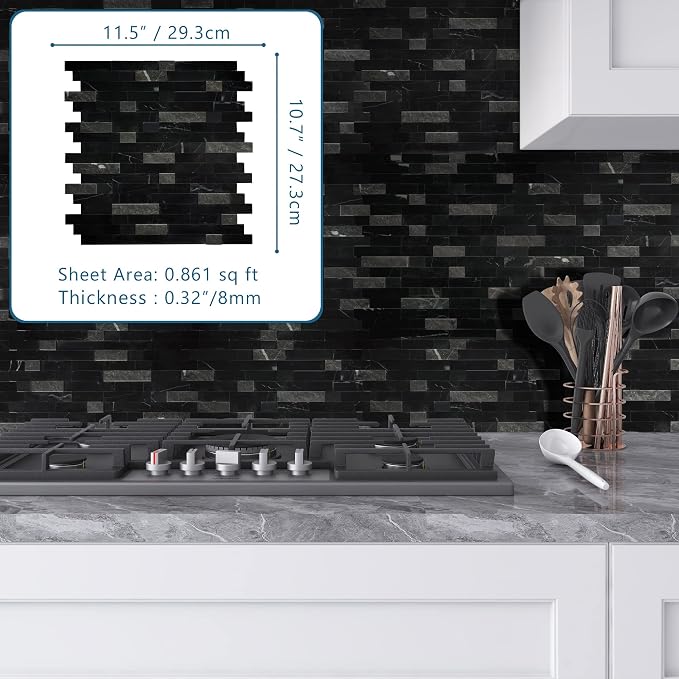 SUNWINGS 5-Sheet Peel and Stick Mosaic Natural 3D Stone Self Adhesive Marble Tiles, 11.5" x 10.7" Stick on Backsplash for Kitchen Bathroom Fireplace Vanity, Mixed Black
