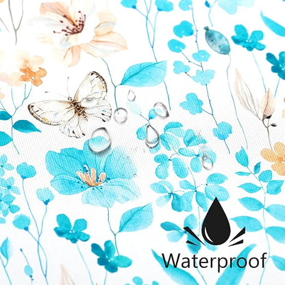 Aqua Blue Floral Shower Curtain, Cute Flower Fabric Shower Curtains for Bathroom, Teal Watercolor Wildflower Butterfly Cloth Shower Curtain Set with Hooks, 72x72
