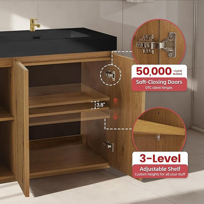 60" Bathroom Vanity with Double Sink, Freestanding Double Sink Bathroom Vanity with Black Engineered Stone Top, Open Storage Cabinet & Adjustable Shelf, 4 Soft-Closing Doors, Light Oak