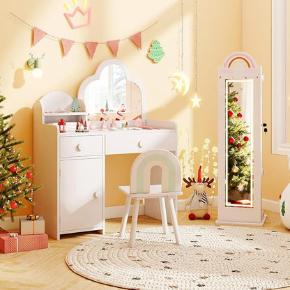 HONEY JOY Kids Jewelry Cabinet with LED Lights, Rainbow Standing Jewelry Armoire w/Full-Length Mirror & Makeup Mirror, Ring Slot, Lockable Princess Jewelry Organizer Storage for Toddler Girls(White)