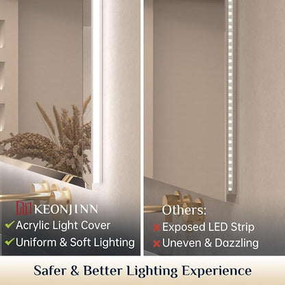 Keonjinn 84"x40" LED Bathroom Mirror with Lights, Safe HD Tempered Glass | Elegant Beveled Edge, Dimmable 3 Color Lights, Auto-OFF Defogging, Wall Switch/Plug in, Secure Installation, Large LED Mirror