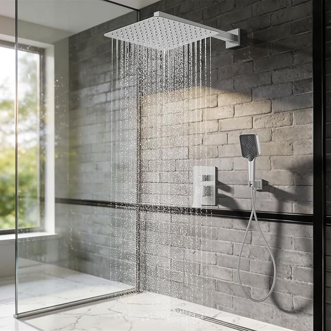 Shower System Modern Rain Brass Faucet Set With Valve and Diverter Shower Mixer With Handheld High Pressure Square Rainfall Shower Valve (12'' Wall Mount, Brushed Nickel)