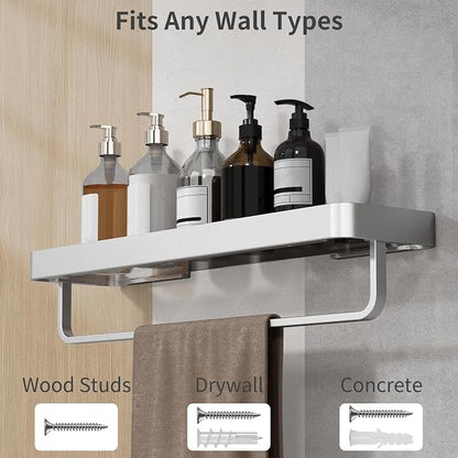 20 Inch Long Floating Bathroom Shelf with Towel Bar, Clear Tempered Glass Wall Shelf for Bathroom Storage Organizer, Matte Silver