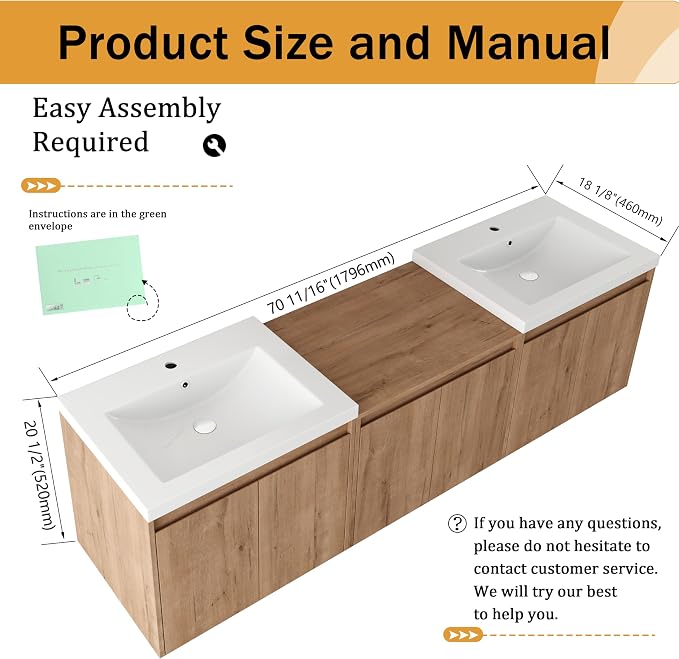 Malwee 72'' Floating Bathroom Vanity with Double Sink, Brown | Wall Mounted Double Sink Combo, Plywood Cabinet, Resin Basin, Ample Storage, Soft-close Hinge, Assembly Required