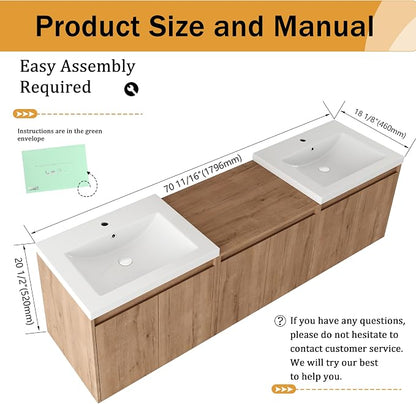 Malwee 72'' Floating Bathroom Vanity with Double Sink, Brown | Wall Mounted Double Sink Combo, Plywood Cabinet, Resin Basin, Ample Storage, Soft-close Hinge, Assembly Required