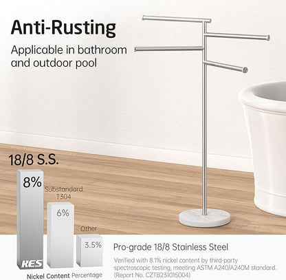 KES Free Standing Towel Racks for Bathroom, Towel Stand with Natural Marble Base, 40 Inch 4 Swivel Bars Floor Towel Rack Stand, Premium 18/8 Stainless Steel, Brushed Finish, BTH219S4-2