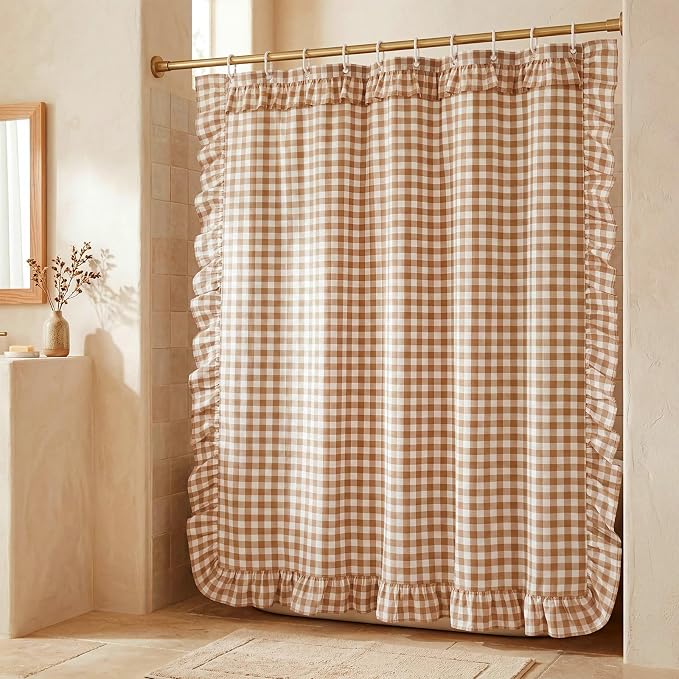 HunnmingRe Ruffled Gingham Shower Curtain Taupe | 72'' x 72'' Vintage Farmhouse Curtain, Cotton Cottage Core Rural Checkered Plaid Decor, Fall Shower Curtain for Bathroom