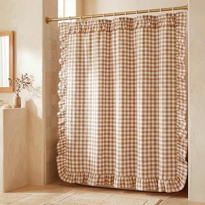 HunnmingRe Ruffled Gingham Shower Curtain Taupe | 72'' x 72'' Vintage Farmhouse Curtain, Cotton Cottage Core Rural Checkered Plaid Decor, Fall Shower Curtain for Bathroom