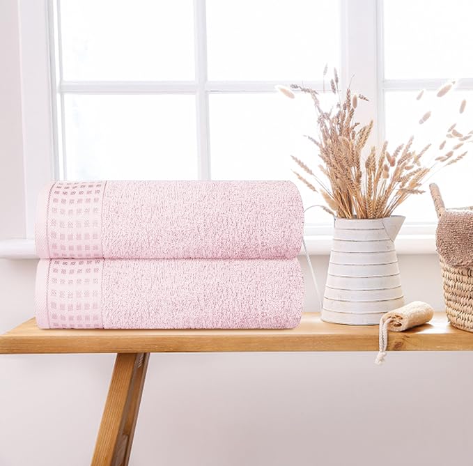 GLAMBURG 100% Cotton 2 Pack Oversized Bath Towel Set 28x55 Inches, Ultra Soft Highly Absorbant Compact Quickdry & Lightweight Large Bath Towels, Ideal for Gym Travel Camp Pool - Pink