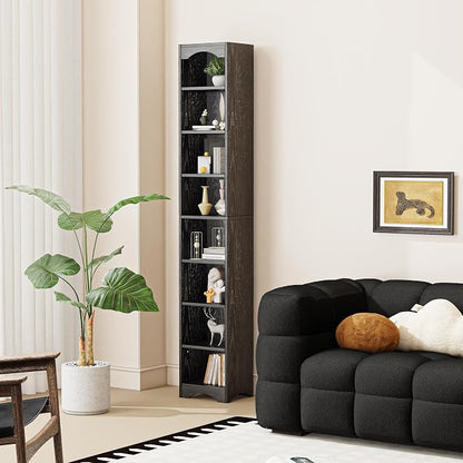 VECELO Curved Top Narrow Tall Bookshelf, 6 Adjustable Movable Shelves, Wood Space Saving Corner Storage Organizer, Sleek Black