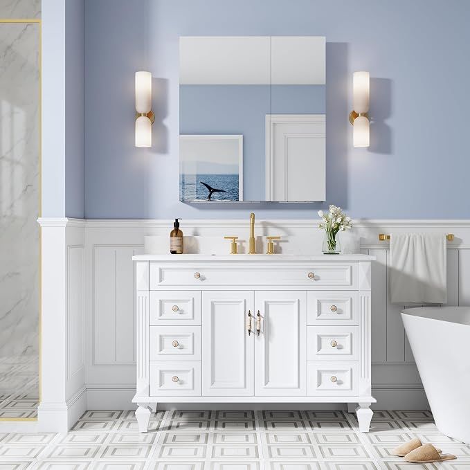 WELLFOR 32" x 36" Bathroom Medicine Cabinet with Mirror, Anodized Chrome Aluminum Frame, Surface Mount or Recessed Medicine Cabinet with Mirror, Bathroom Mirror with Storage, Double Doors