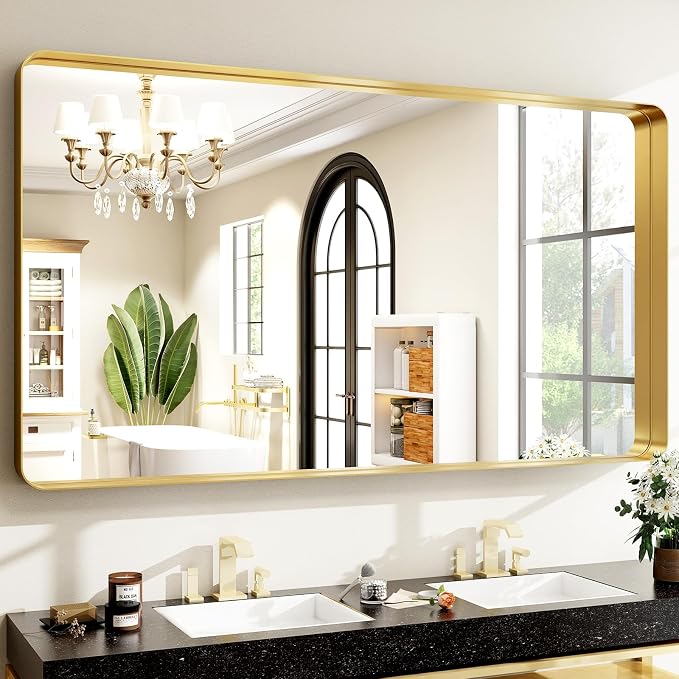 Easly 48 x 30 Inch Gold Bathroom Mirror, Rectangular Wall Mounted Shatterproof Mirror, Aluminum Alloy Frame with Rounded Corners, Horizontal or Vertical for Farmhouse Decor