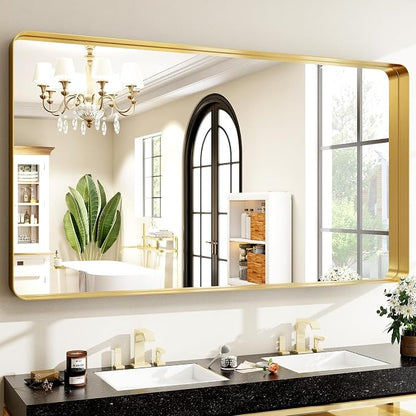 Easly 48 x 30 Inch Gold Bathroom Mirror, Rectangular Wall Mounted Shatterproof Mirror, Aluminum Alloy Frame with Rounded Corners, Horizontal or Vertical for Farmhouse Decor