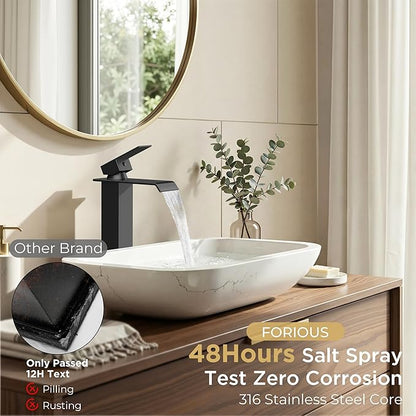 Forious Matte Black Vessel Bathroom Sink Faucets 1 Hole, Tall Waterfall Bathroom Faucet Single Handle with Pop Up Drain and Supply Lines, Deck Mount