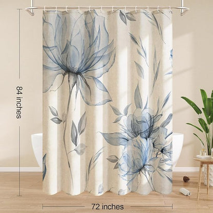 Litabel Extra Long Farmhouse Blue Floral Linen Shower Curtain 72 x 84, Modern Vintage Boho Shower Curtains for Chic Rustic Bathroom, Ink Painting Style Blossom XL Cottton Cloth Shower Curtain