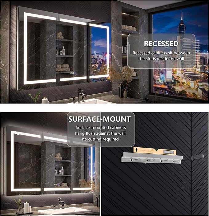 Recessed Medicine Cabinet with Lights, 60x36 Lighted Medicine Cabinet with Mirror, 5XMagnifier, GFCI Outlet, Soft-closed, Front&Backlit, Anti-Fog, Dimmable&Tunable, Sensor Lights, Adjustable Shelves