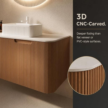 48 Inch Bathroom Vanity with Sink, Floating Wall Mounted Single Sink Vanity, Natural Woodgrain Curved Fluted Front, Stone Top, White Textured Rectangular Vessel Basin, Pre-Assembled